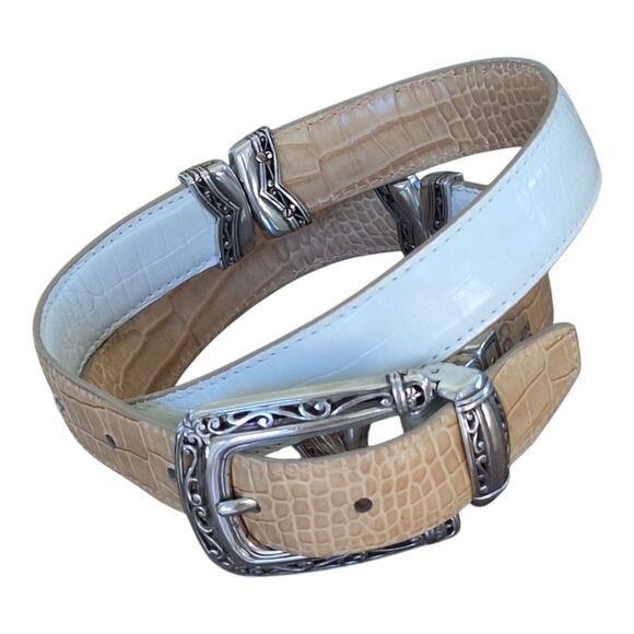 Brighton Statement Belt 32 REVERSIBLE White Tan Croc Silver B2701 Women ML VTG - Picture 1 of 16